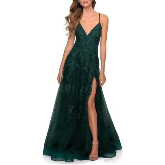 La Femme Dark Emerald Green Floral Embroidered Strappy Back Gown